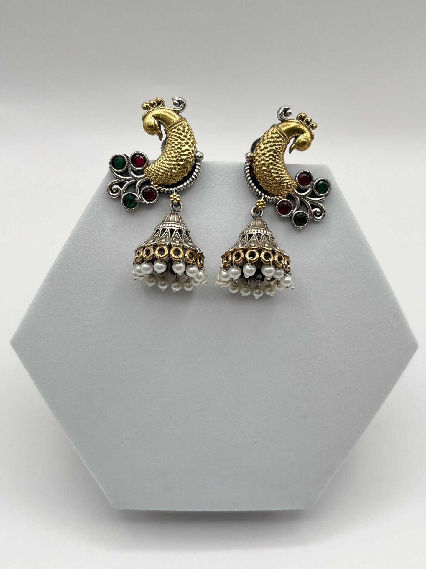 Aarohi Red & Green Peacock Dual Tone Earrings