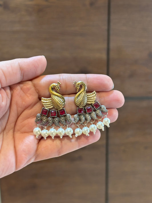 Vrishika Swan shape Pink stone Dual Tone earrings