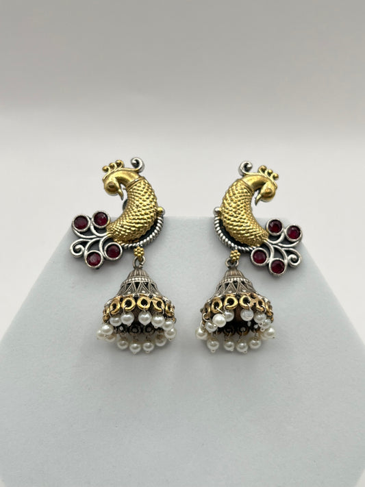 Aarohi Red Peacock Dual Tone Earrings