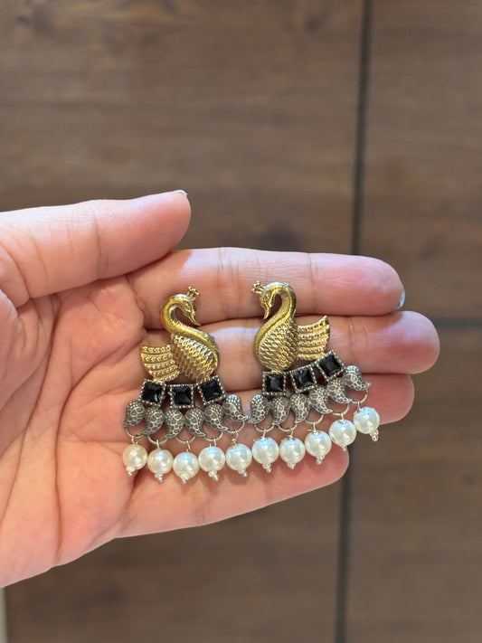 Vrishika Swan shape Black stone Dual Tone earrings