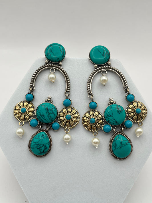 Prisha Turquoise Green Long Dual Tone Earrings