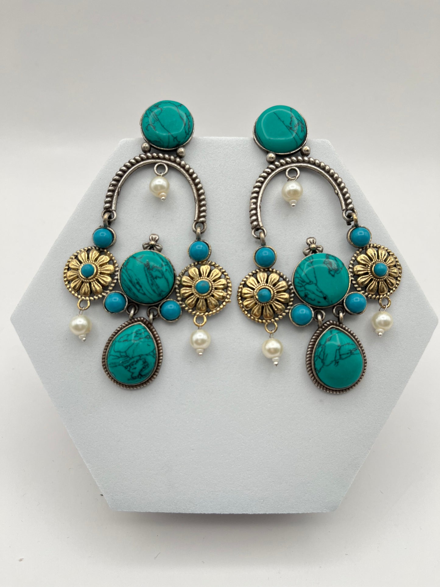 Prisha Turquoise Green Long Dual Tone Earrings