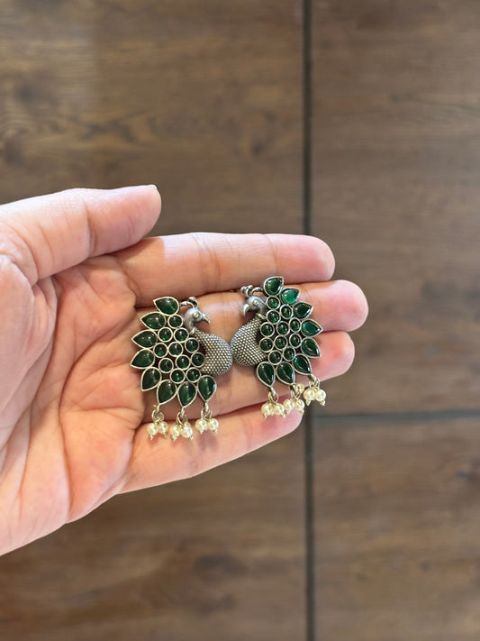 Mohini Green stone peacock oxidized earring