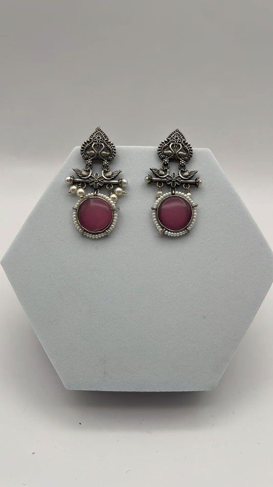 Kayra Pink Stone Oxidized Earrings