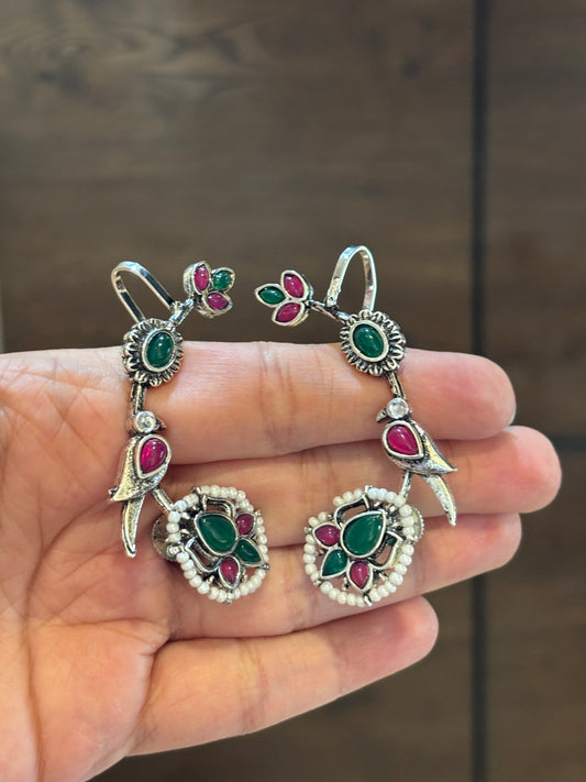 Tripti Pink & Green flower Earcuffs