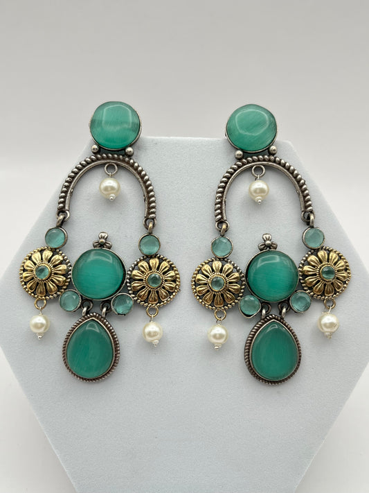 Prisha Sea Green Long Dual Tone Earrings