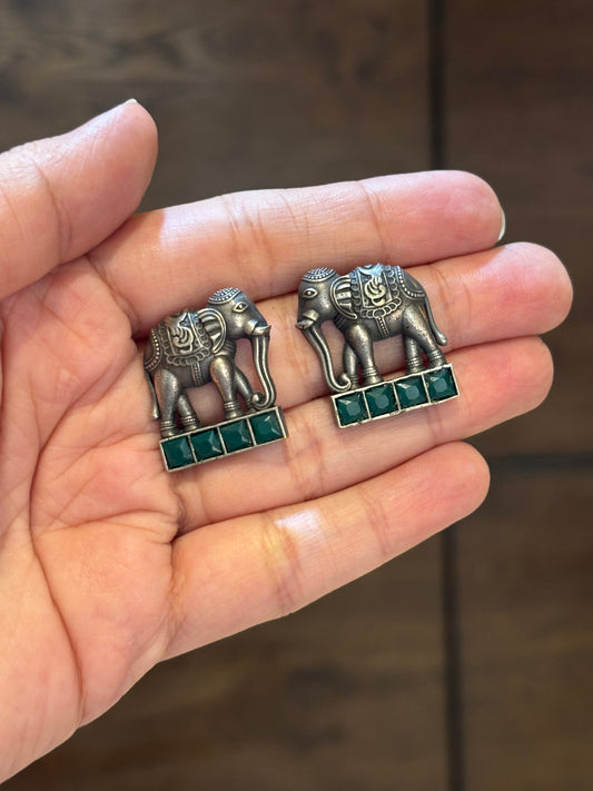 Hasti Elephant with Green stone Oxidized Earring