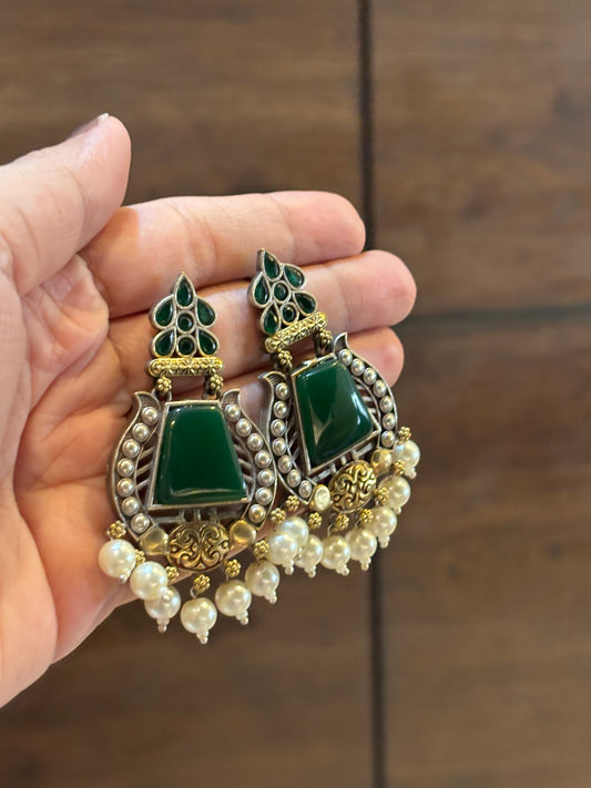 Bhumika big green stone pearl hanging earring