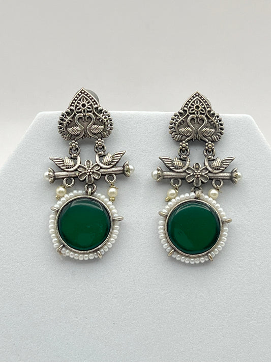 Kayra Green Stone Oxidized Earrings