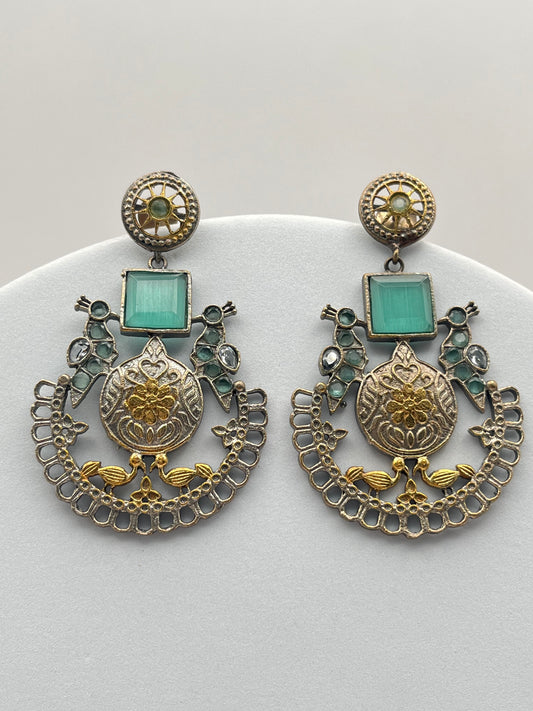 Jhanvi Sea Green Stone Dual Tone Earring