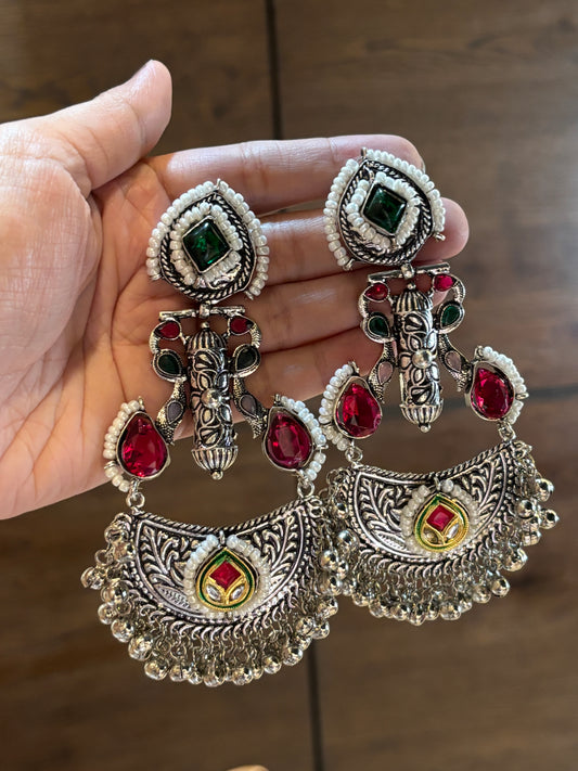 Pranali Pink and Green Stone Oxidized Earrings