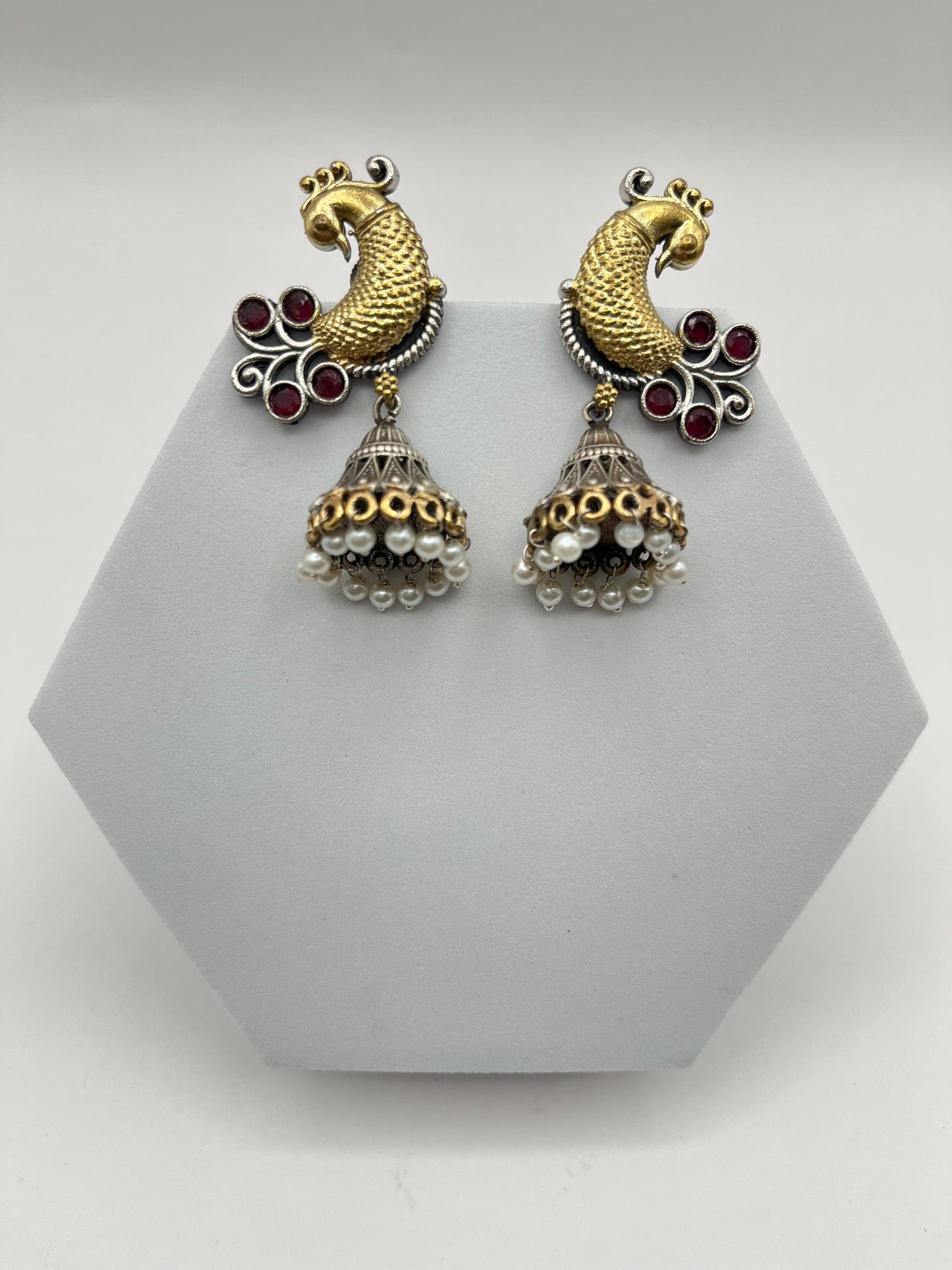 Aarohi Red Peacock Dual Tone Earrings