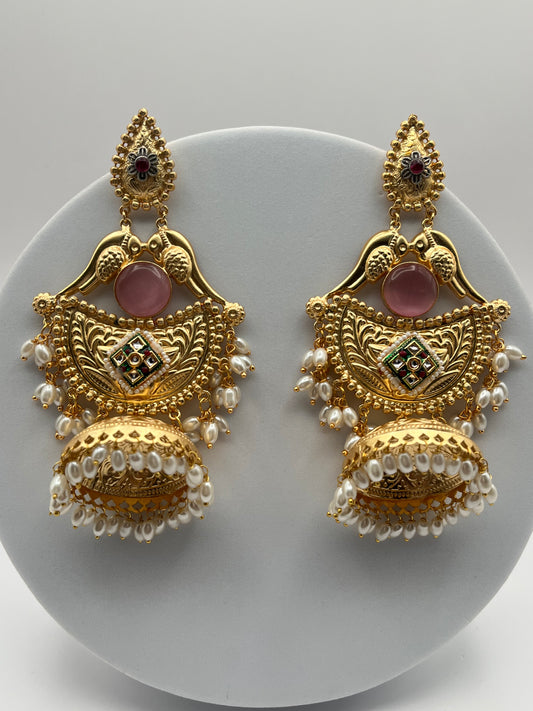 Sharvari Pink Stone Long Golden Earring