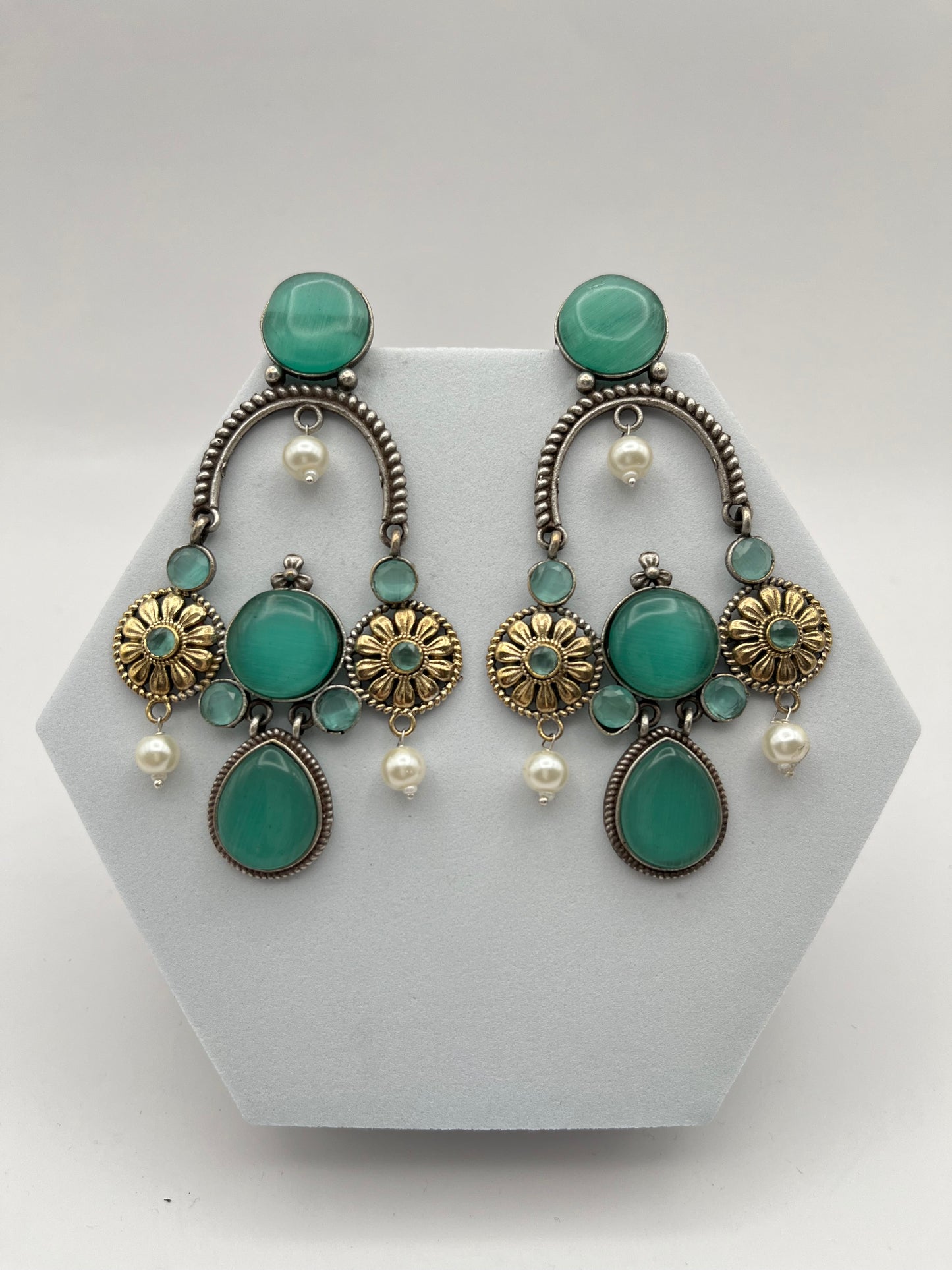 Prisha Sea Green Long Dual Tone Earrings