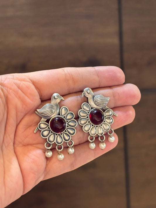 Ojasvi Bird with Red stone Oxidized Earring
