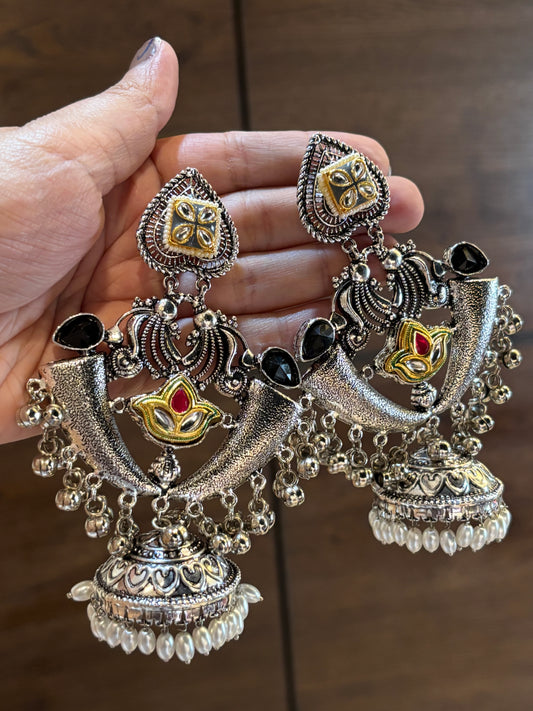 Mrinali Black Stone Oxidized Long Earring