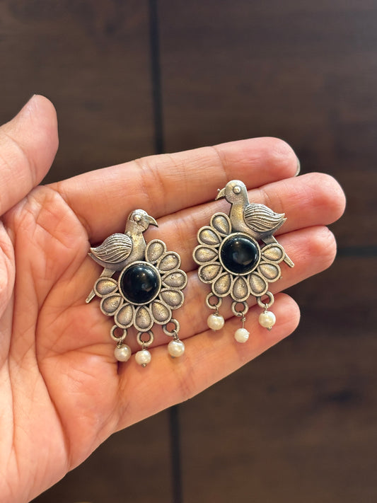 Ojasvi Bird with Black stone Oxidized Earring