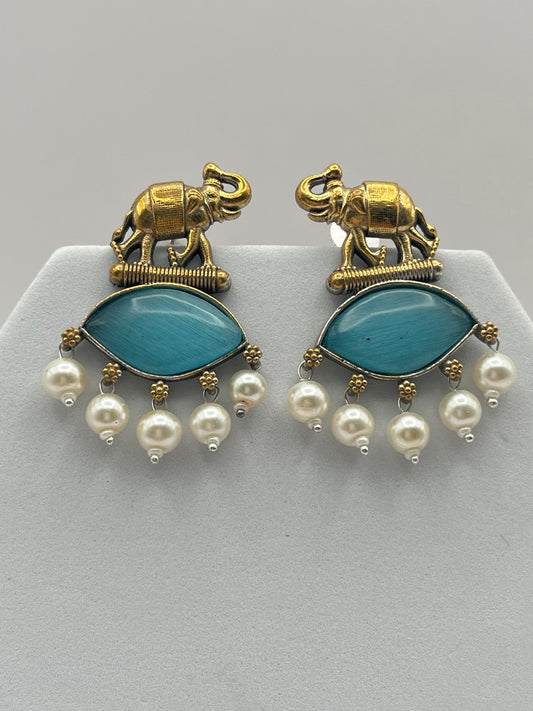 Sanika Blue Elephant Dual Tone Earrings