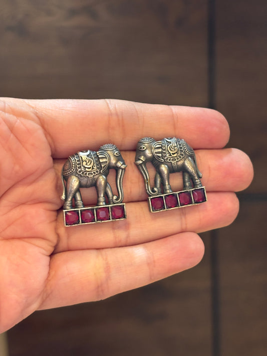 Hasti Elephant with Pink stone Oxidized Earring