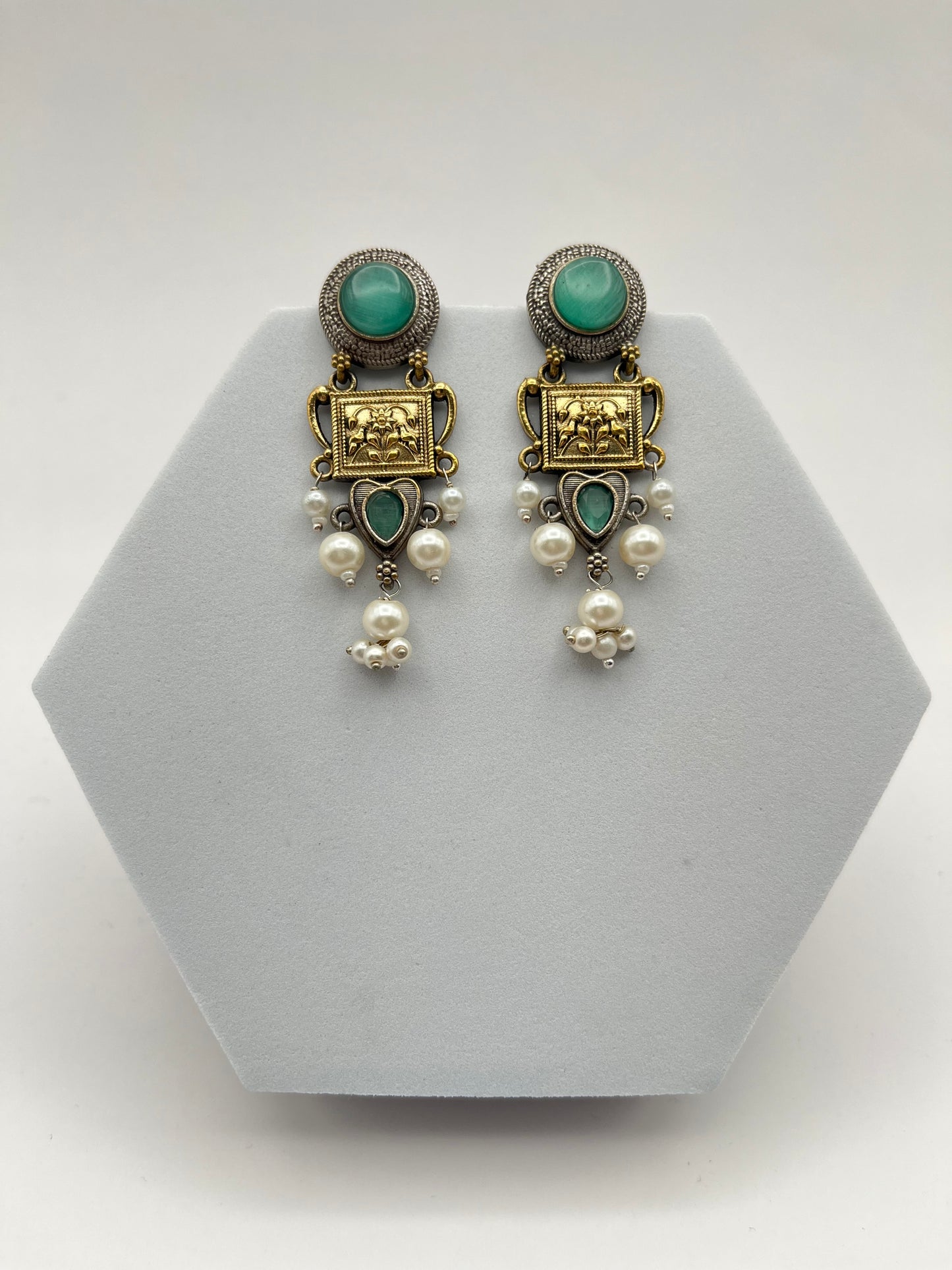 Mehar Sea Green Stone Dual tone earrings