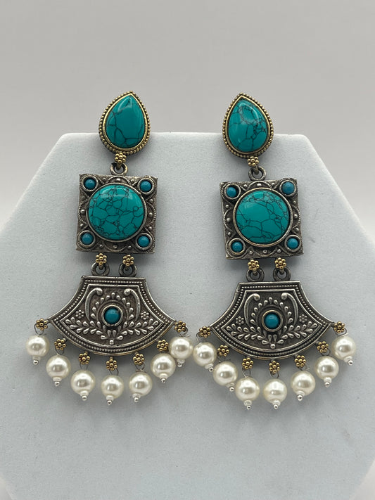 Shivani Turquoise Blue Dual Tone Long Earrings
