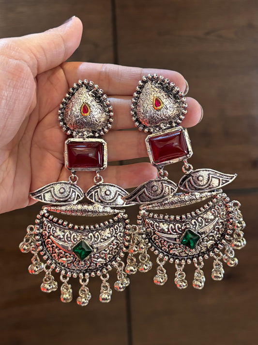 Naina Red & Green Stone Oxidized Earring
