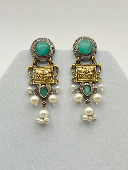 Mehar Sea Green Stone Dual tone earrings