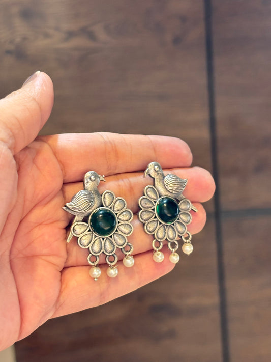 Ojasvi Bird with Green stone Oxidized Earring