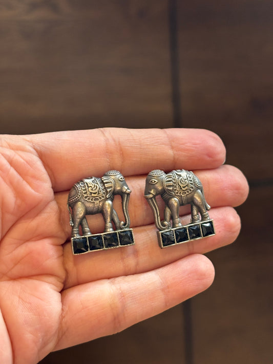 Hasti Elephant with Black stone Oxidized Earring