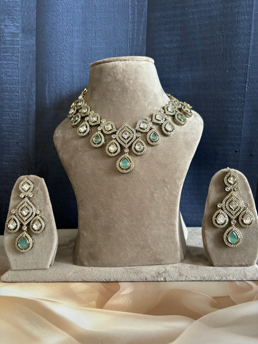Sea Green Kundan Necklace Jivika along with earrings