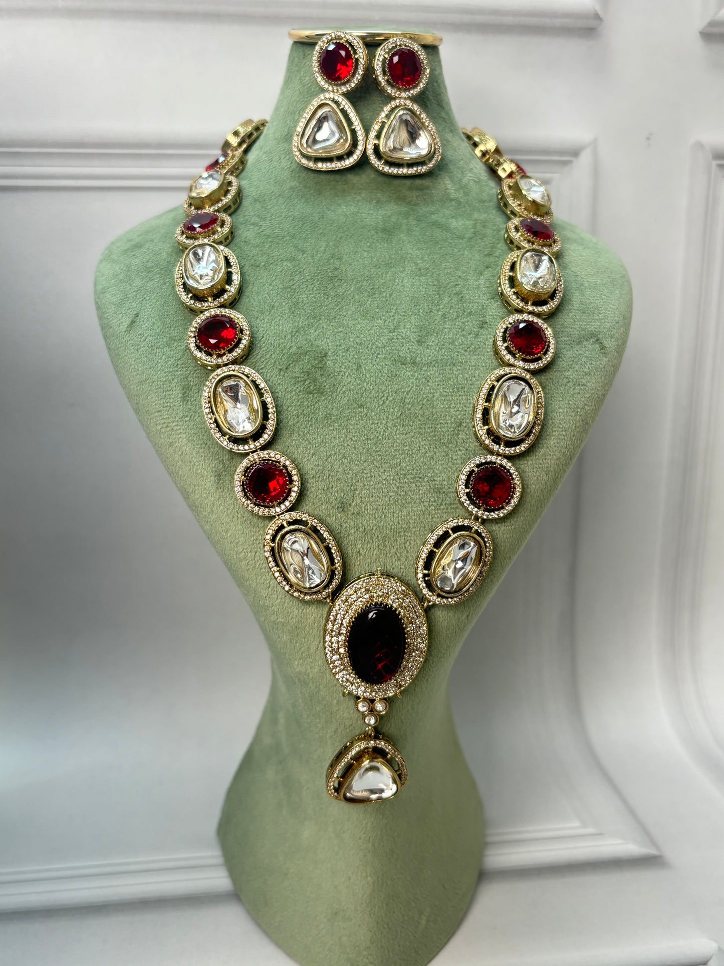 Long Ruby Stones Kundan Necklace with Earrings