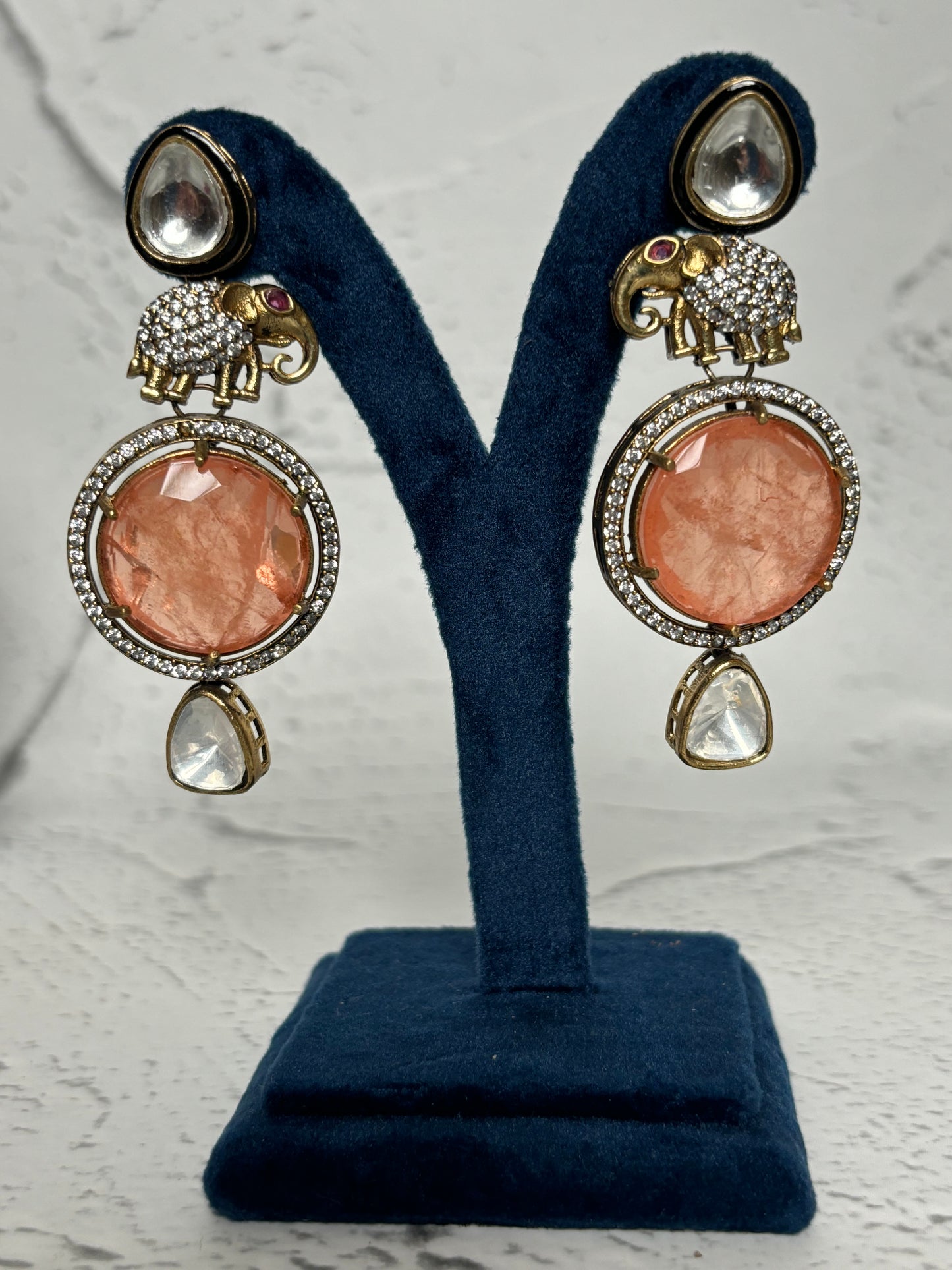 Elephant Figure Orange Stone Kundan Earrings