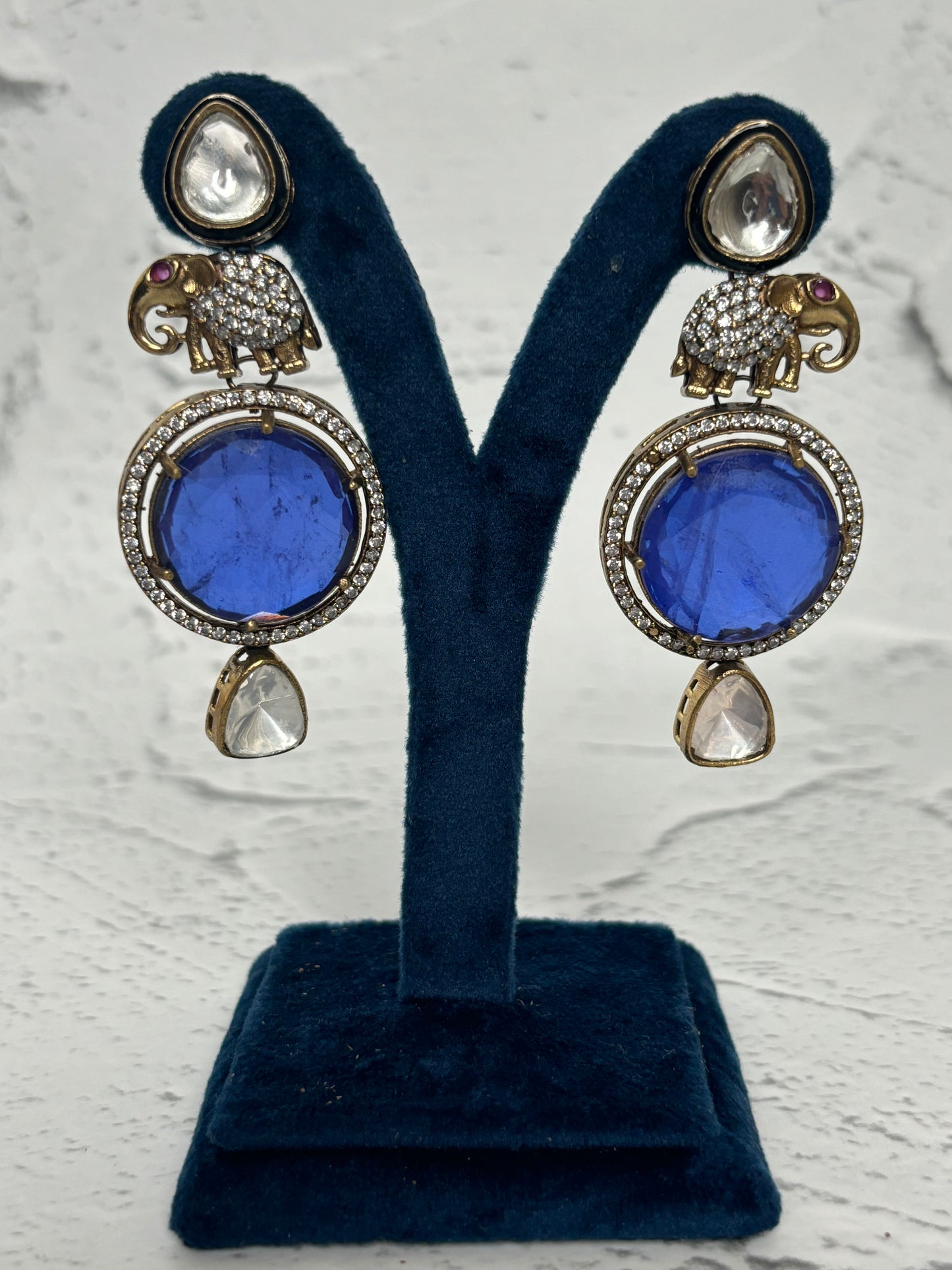 Elephant Figure Blue Stone Kundan Earrings