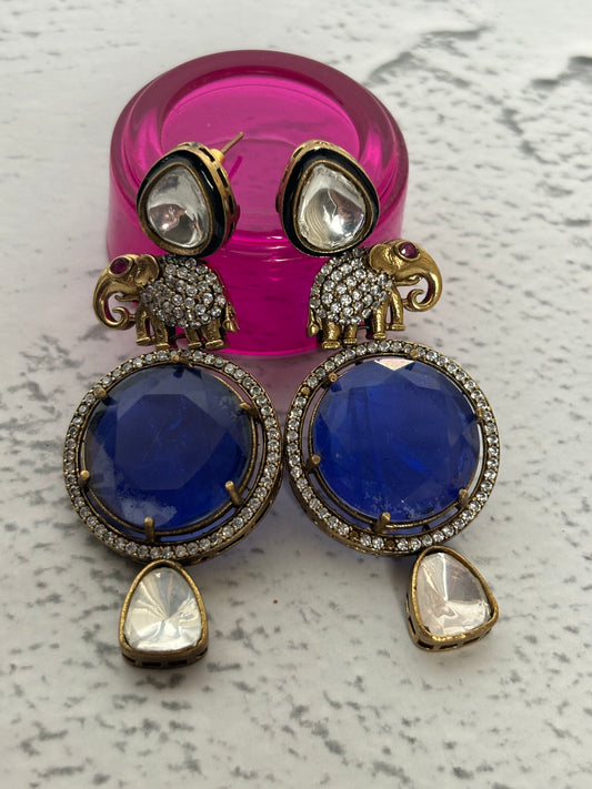 Elephant Figure Blue Stone Kundan Earrings