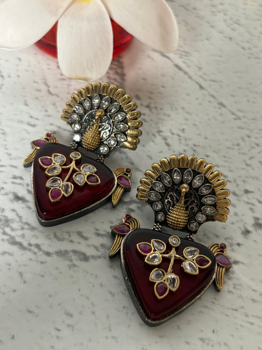 Peacock Shaped Red Antique Earrings