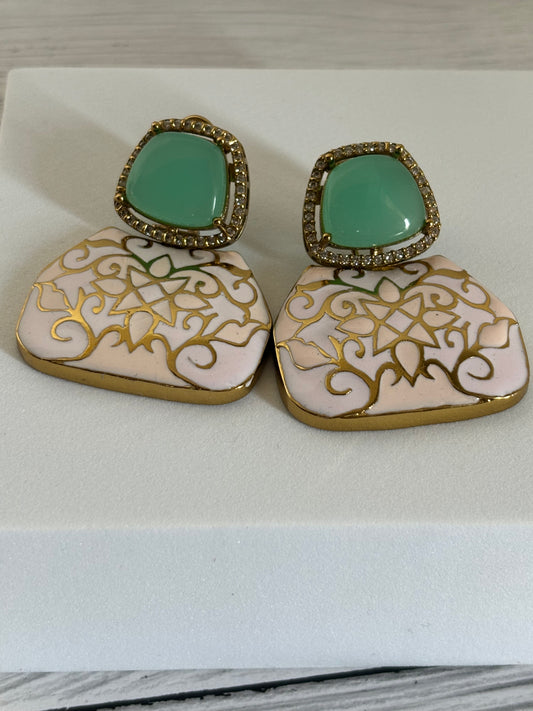 Indo Western Sea Green Stone Victorian Earrings