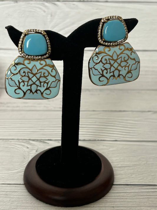 Indo Western Turquoise Blue Stone Victorian Earrings