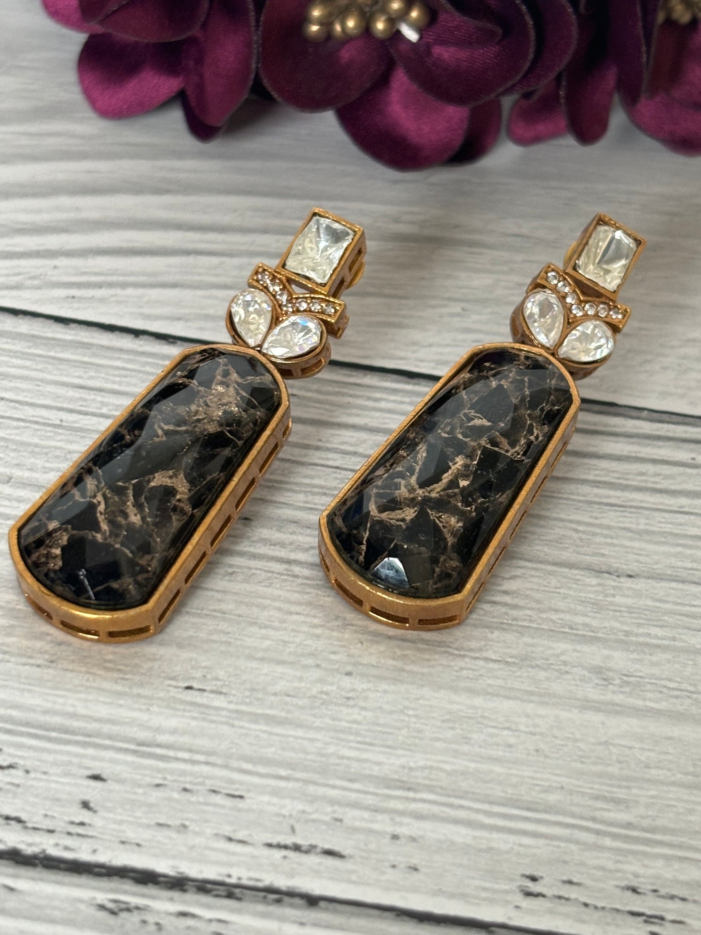 Marble Black Stone Victorian Long Earring
