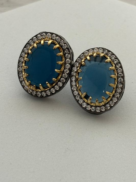 Sapphire Stone Engraved Diamonds Earrings