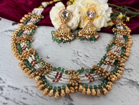 Sanvi Green Pink Pearl Necklave Set