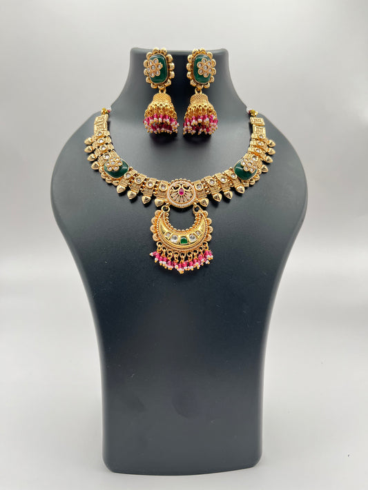 Trisha Antique Green Pink Rajwadi Necklace Set