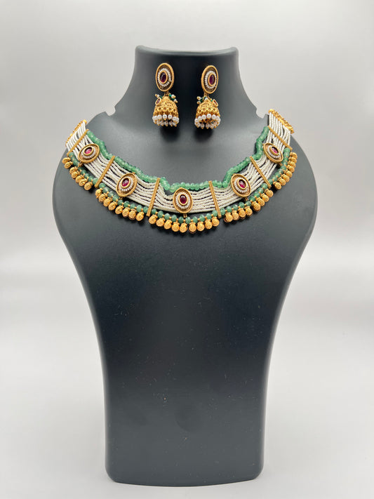 Kriti Red Green Pearl Choker Set