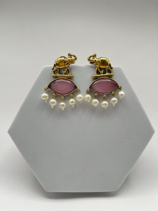 Sanika Pink Elephant Dual Tone Earrings
