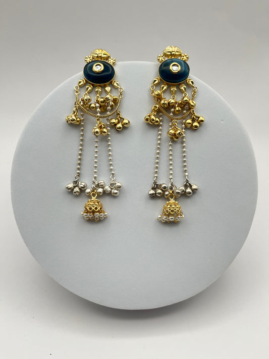 Sarika Golden with Dark Blue Stone Kashmiri Earrings