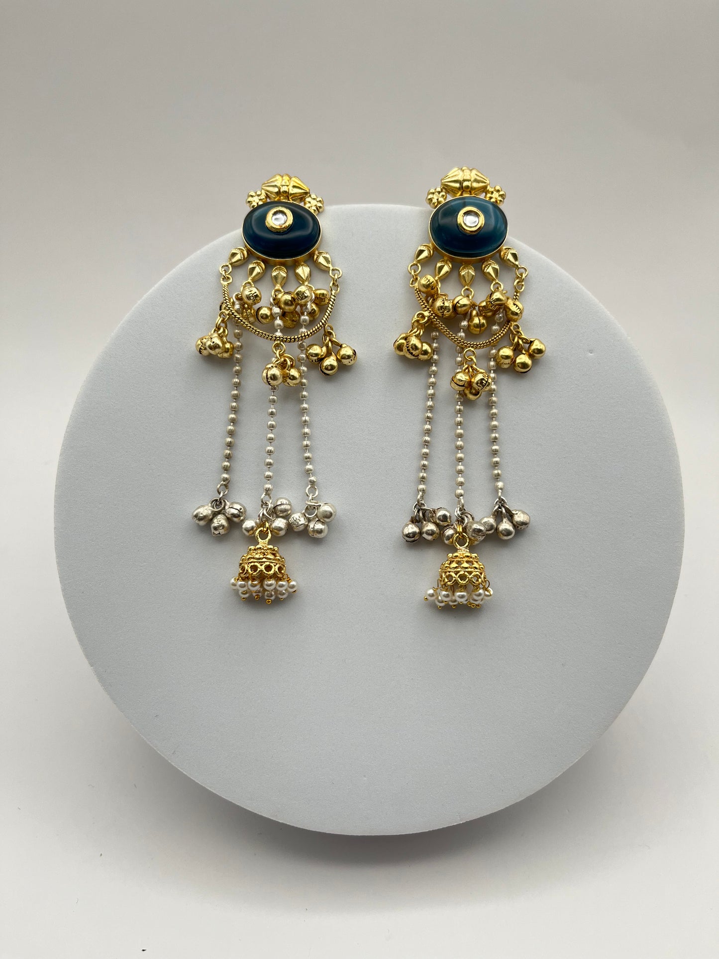 Sarika Golden with Dark Blue Stone Kashmiri Earrings