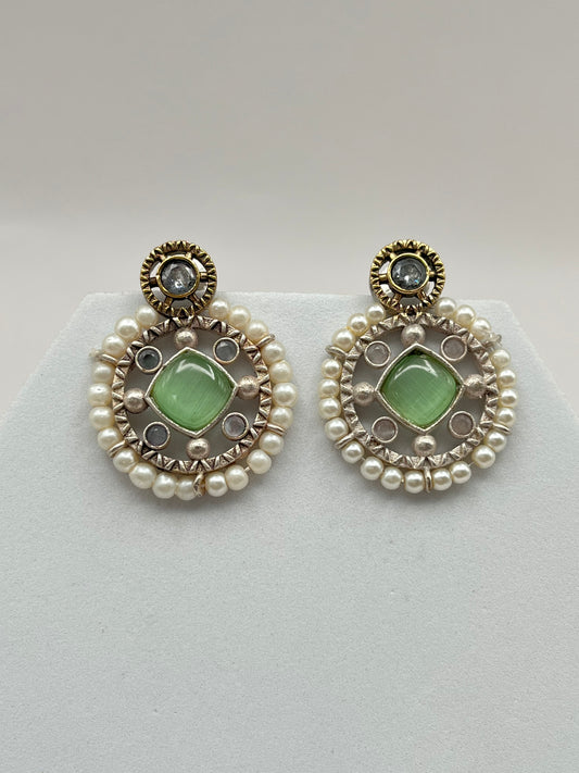Nirvi Light Green Stone Pearl Earrings