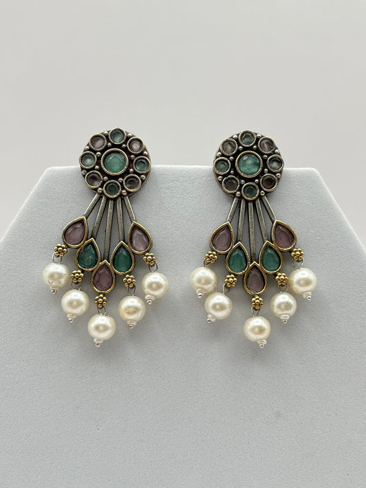 Shreya Pink & Sea Green Oxidized Earrings