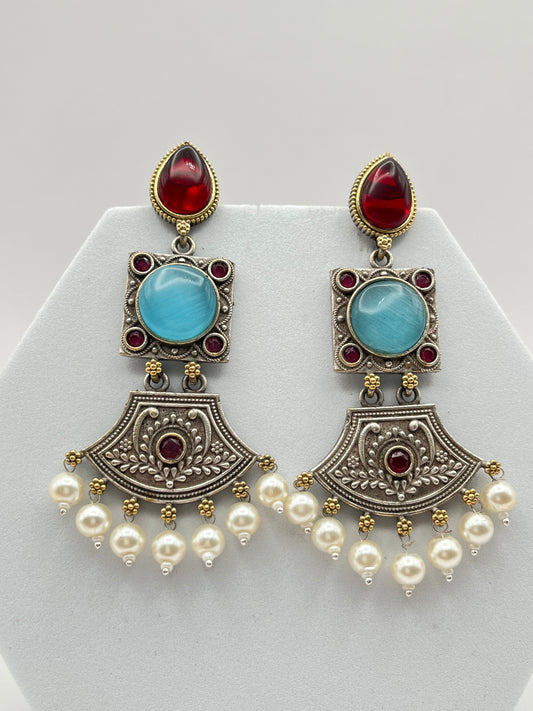 Shivani Turquoise Blue & Red Dual tone long Earrings