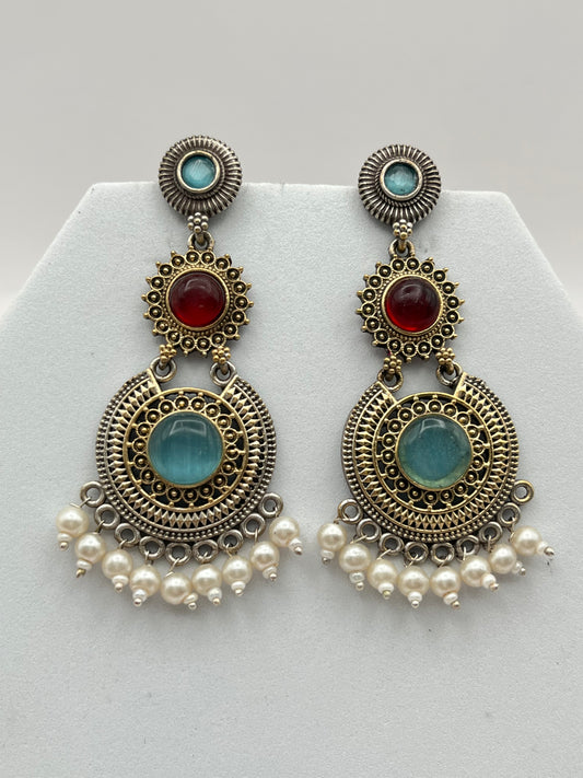 Vanshi Blue & Red Dual Tone long Earrings