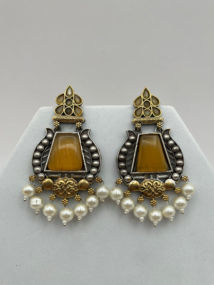 Bhumika big yellow stone pearl hanging earring